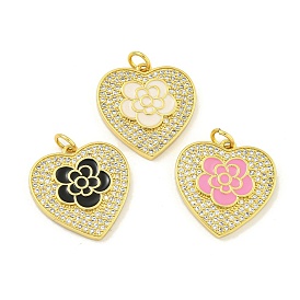 Rack Plating Heart with Flower Brass Micro Pave Clear Cubic Zirconia, with Enamel Pendants, Cadmium Free & Lead Free, Real 18K Gold Plated, Long-Lasting Plated, with Jump Ring