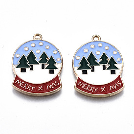 Eco-Friendly Alloy Enamel Pendants, Cadmium Free & Lead Free & Nickel Free, Crystal Ball with Word Merry Christmas, Light Gold