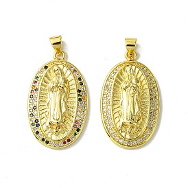 Real 18K Gold Plated Brass Micro Pave Cubic Zirconia Pendants, Oval with Virgin