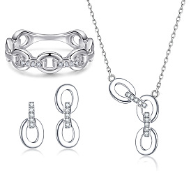 Chic Sterling Silver Jewelry Set: Circle Ring, Asymmetrical Earrings & Necklace Trio
