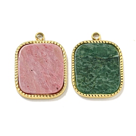 Vacuum Plating 304 Stainless Steel Pendants, Natural Gemstone Rectangle Charms, Real 18K Gold Plated