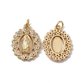 Brass Micro Pave Clear Cubic Zirconia Pendants, with Jump Ring, Cadmium Free & Nickel Free & Lead Free, Rack Plating, Oval with Virgin Pattern