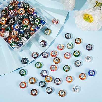 150Pcs 10 Colors Resin European Beads, Large Hole Beads, with Silver Color Plated Brass Cores, Rondelle