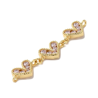 Rack Plating Brass Pave Cubic Zirconia Connector Charms, Triple Heart Links, Lead Free & Cadmium Free, Real 18K Gold Plated, Long-Lasting Plated