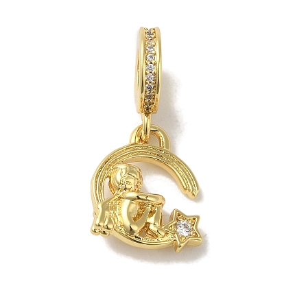 Стеллажное покрытие латунь микро паве прозрачный кубический цирконий европейские подвески-подвески, Луна с подвесками в форме ангела с большими отверстиями, без кадмия и без свинца, долговечный