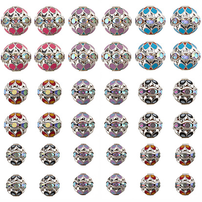 24Pcs 3 Styles Round Brass Enamel Beads, Cadmium Free & Lead Free, with Rhinestone