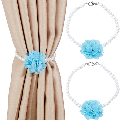 2Pcs Polyester Flower & Glass Pearl Curtain Tiebacks Clips, Window Curtain Holdbacks, with Alloy Lobster Claw Clasps