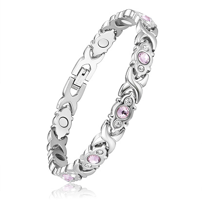 SHEGRACE Stainless Steel Panther Chain Watch Band Bracelets, with Light Rose & Crystal Rhinestone and Watch Band Clasps