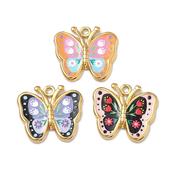 Печатные 304 подвески из нержавеющей стали, с эмалью, бабочки прелести, вакуумное покрытие pvd, реальный 18 k позолоченный