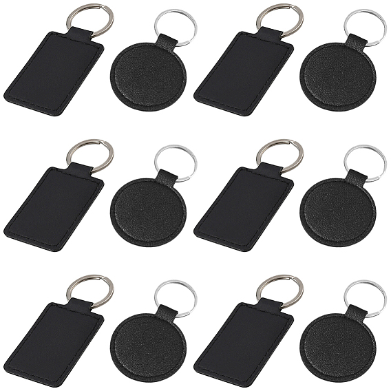 12Pcs 2 Styles Rectangle & Round Imitation Leather Pendant Keychains, with Platinum Tone Alloy Rings