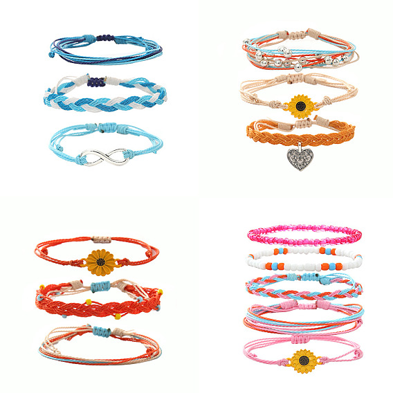 Набор браслетов из сплава, смолы, натуральных ракушек и воскового шнура с плетеными бусинами