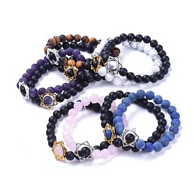 Natural Black Agate(Dyed & Heated)(Dyed & Heated) Bead and Gemstone Bead Stretch Bracelet Sets, with Alloy Findings, Frosted