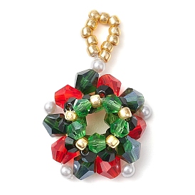 Christmas Glass Pendants, with Seed Beads & Plastic Pearl, Christmas Wreath