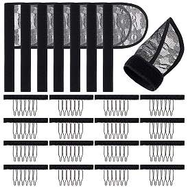 8Pcs Polyester Wig Ponytail Caps, with Hook and Loop Fastener, 16Pcs Stainless Steel & Polyester Hair Combs