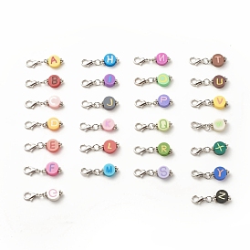 Handmade Polymer Clay Pendant Decorations, with Zinc Alloy Lobster Claw Clasps, Alphabet, Flat Round with Capital Letter