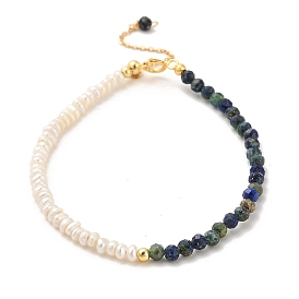 Natural Lapis Lazuli Bead Bracelets, with Sterling Silver Beads and Pearl Beads, Real 18K Gold Plated