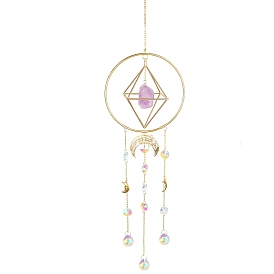 Nuggets Gemstone & Metal Ring Hanging Ornaments, Glass Round and Metal Moon Tassel Suncatchers for Home Garden Outdoor Decoration