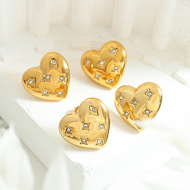 Fashionable 3D Heart-shaped Metal Earrings with Full Diamond - Titanium Steel, Minimalist Style.