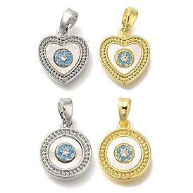 Brass Micro Pave Cubic Zirconia and Shell Pendants, Flat Round/Heart Charms