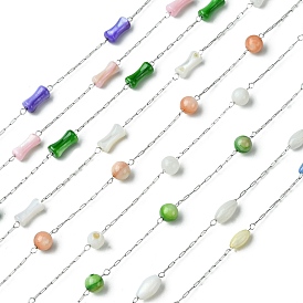 Natural Shell Pearl Beads,Dyed with 304 Stainless Steel Chains, Soldered, with Spool