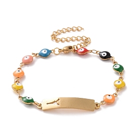 Vacuum Plating 304 Stainless Steel Rectangle with Tower Link Bracelet, Colorful Enamel Evil Eye Chains Bracelet for Women