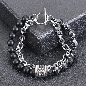 Bracelet élégant en acier inoxydable double couche avec pierre naturelle mate et fermoir magnétique noir pour homme