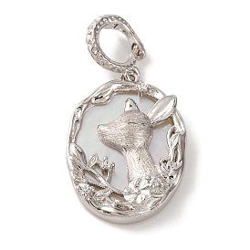 Rhodium Plated 925 Sterling Silver Pave Natural Shell Oval Pendants, Deer Charms with 925 Stamp