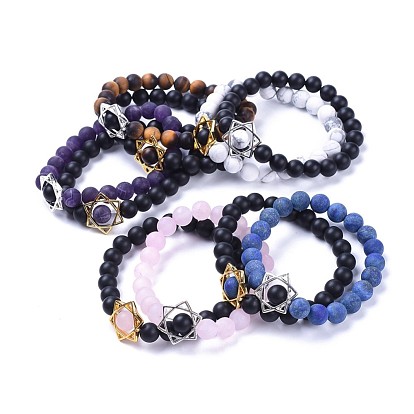 Natural Black Agate(Dyed & Heated)(Dyed & Heated) Bead and Gemstone Bead Stretch Bracelet Sets, with Alloy Findings, Frosted