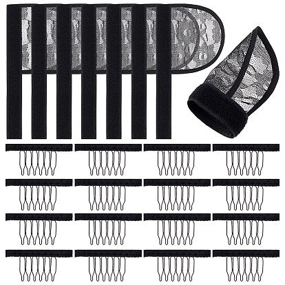 8Pcs Polyester Wig Ponytail Caps, with Hook and Loop Fastener, 16Pcs Stainless Steel & Polyester Hair Combs