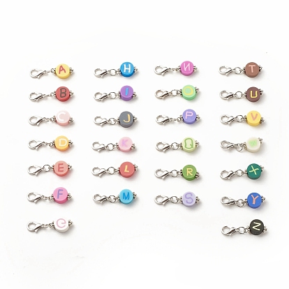 Handmade Polymer Clay Pendant Decorations, with Zinc Alloy Lobster Claw Clasps, Alphabet, Flat Round with Capital Letter
