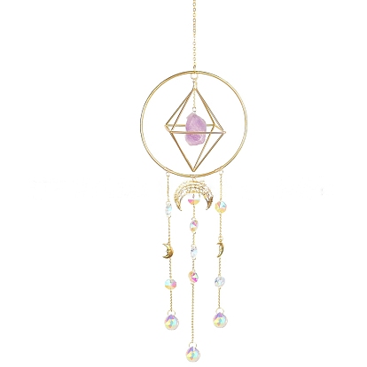 Pépites de pierres précieuses et d'anneaux en métal, ornements suspendus, Attrape-soleil rond en verre et pampilles de lune en métal, pour la décoration extérieure du jardin de la maison