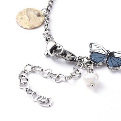 304 Stainless Steel Butterfly Jewelry Sets, Dangle Earrings and Anklets, with Printed Alloy Links, Freshwater Pearl Beads and Akoya Shell Charms