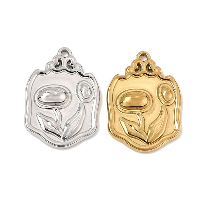 304 Stainless Steel Pendants, Shield with Flower Charms