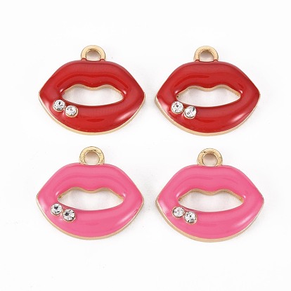 Golden Plated Alloy Enamel Pendants, with Crystal Rhinestones, Lip, Cadmium Free & Lead Free