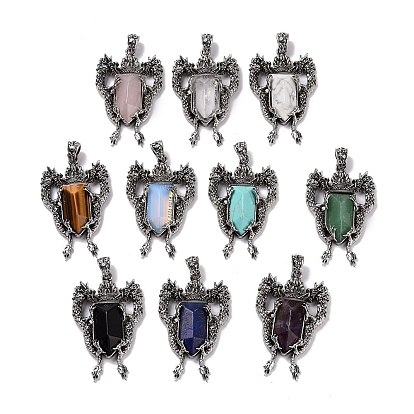 Gemstone Faceted Big Pendants, Dragon Charms, with Antique Silver Plated Alloy Findings