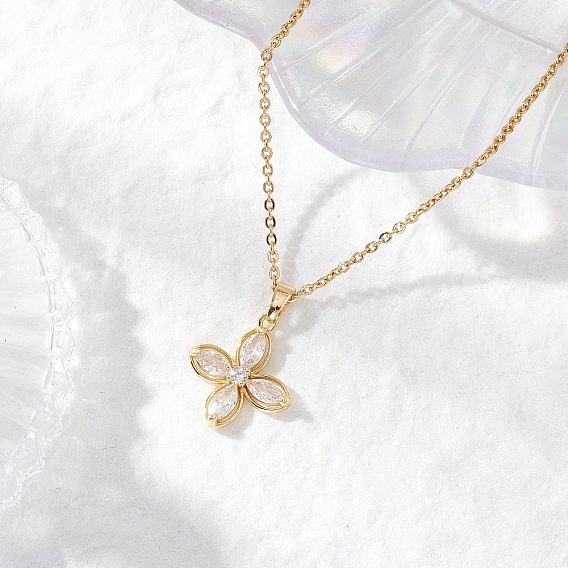 Ожерелья с подвесками из прозрачного кубического циркония и цветочной латунью, 304 ожерелья-цепочки из нержавеющей стали для женщин