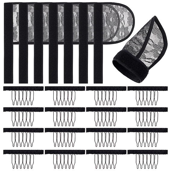 8Pcs Polyester Wig Ponytail Caps, with Hook and Loop Fastener, 16Pcs Stainless Steel & Polyester Hair Combs