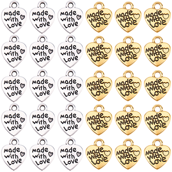 100Pcs 2 Styles Tibetan Style Alloy Pendants, Heart Charms