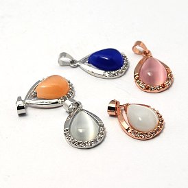 Подвески кошачий глаз, с латунной горный хрусталь кулон, капля, разноцветные, 22x14x6 мм, отверстие : 4x5 мм