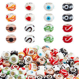 8 Colors Handmade Lampwork European Beads, Large Hole Beads, with Platinum Color Brass Double Cores, Rondelle