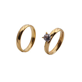 Minimalist Titanium Steel Diamond Couple Rings Gold Plated Wedding Bands