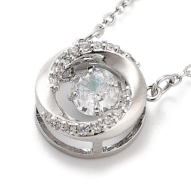 201 Stainless Steel Cable Chain Necklaces, Brass Clear Cubic Zirconia Flat Round Pendant Necklaces