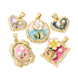 Подвески из латуни с цветочной эмалью, с абс пластмассовой имитационной жемчужиной, без кадмия и без свинца, реальный 18 k позолоченный, стойки покрытие, долговечный
