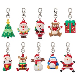 10Pcs 10 Styles Christmas Theme PVC Plastic Pendant Decorations, with Alloy Swivel Lobster Claw Clasps