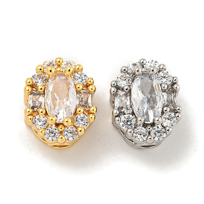 Brass Micro Pave Clear Cubic Zirconia Beads, Cadmium Free & Nickel Free & Lead Free, Oval