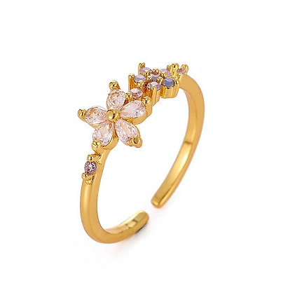 Anillos abiertos de latón con micro pavé de circonita cúbica, flor