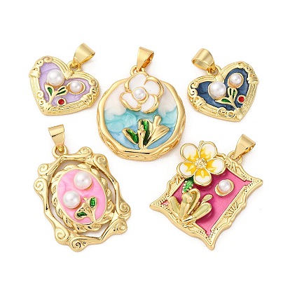 Подвески из латуни с цветочной эмалью, с абс пластмассовой имитационной жемчужиной, без кадмия и без свинца, реальный 18 k позолоченный, стойки покрытие, долговечный