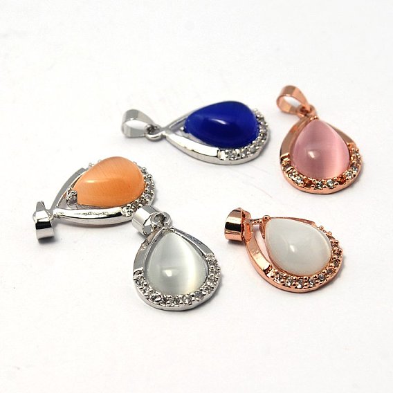 Подвески кошачий глаз, с латунной горный хрусталь кулон, капля, разноцветные, 22x14x6 мм, отверстие : 4x5 мм