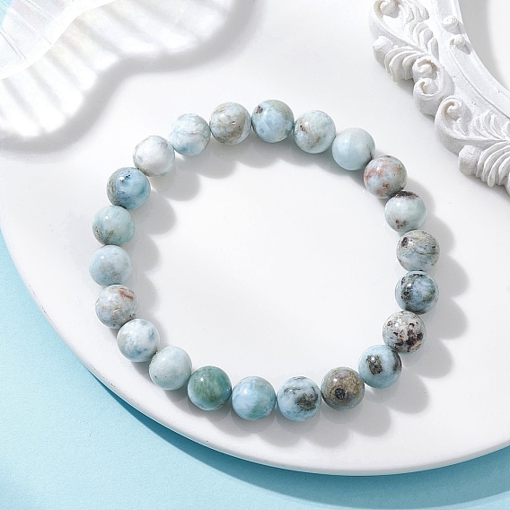Натуральные круглые бусины ларимара, эластичные браслеты для женщин и мужчин, гладкий круглый браслет из бусин на эластичной основе
