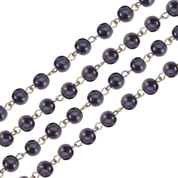 La main de perles de perles de verre chaînes, avec perles de verre et épingle à œil en fer, non soudée, bronze antique, 1000x8mm, Environ 76 pcs/chapelet